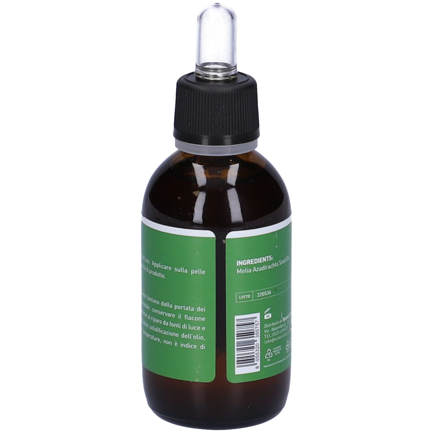 Flacone di vetro marrone con etichetta verde. Scritta: Olio di Neem da Semi. Istruzioni per l'uso. Marchio: Ecosalute.