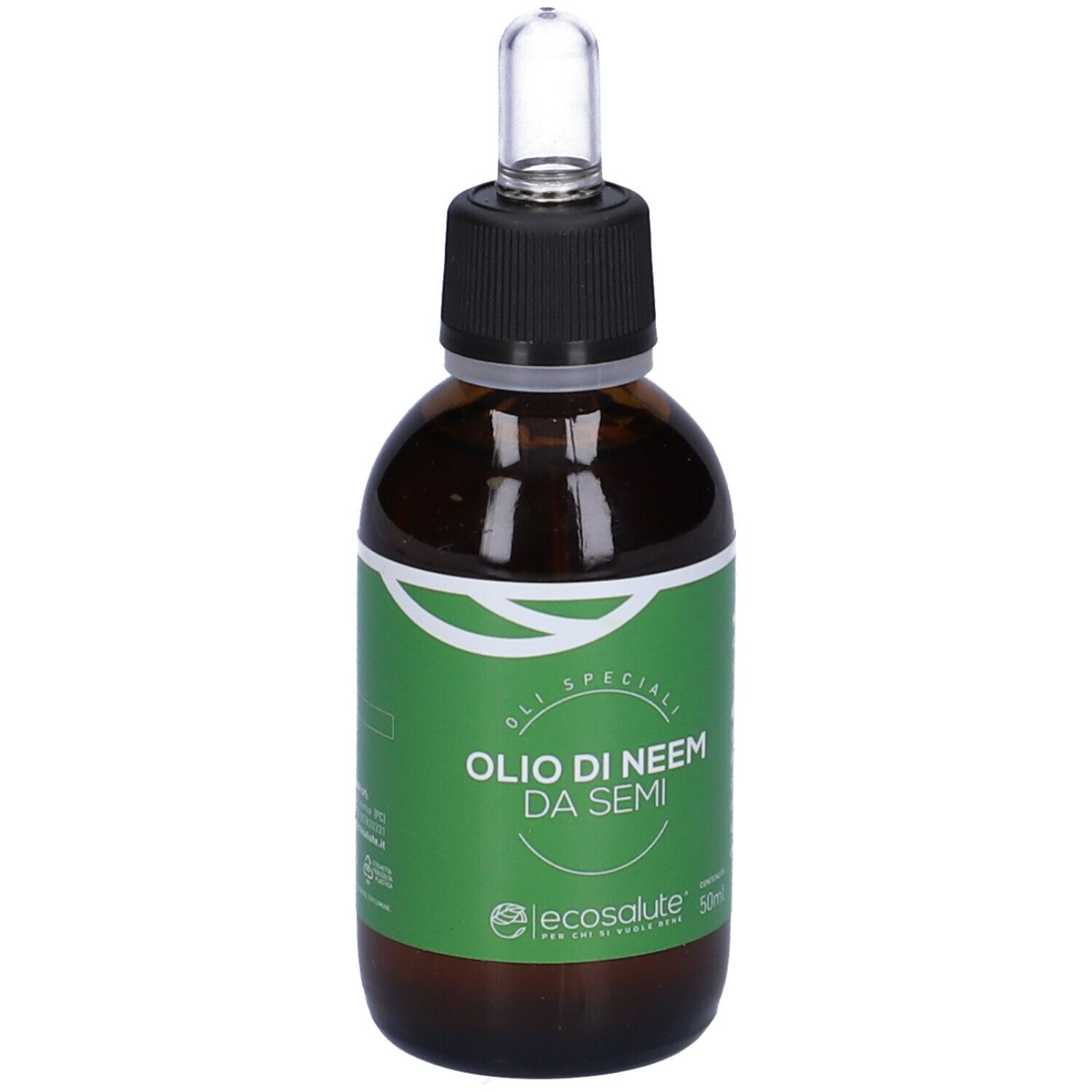 Flacone di vetro marrone con etichetta verde. Scritta: Olio di Neem da Semi. Marchio: Ecosalute. 50ml.