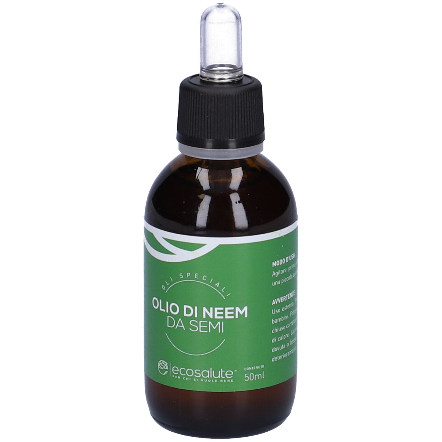 Flacone di vetro marrone con etichetta verde. Scritta: Olio di Neem da Semi. Marchio: Ecosalute. 50ml.