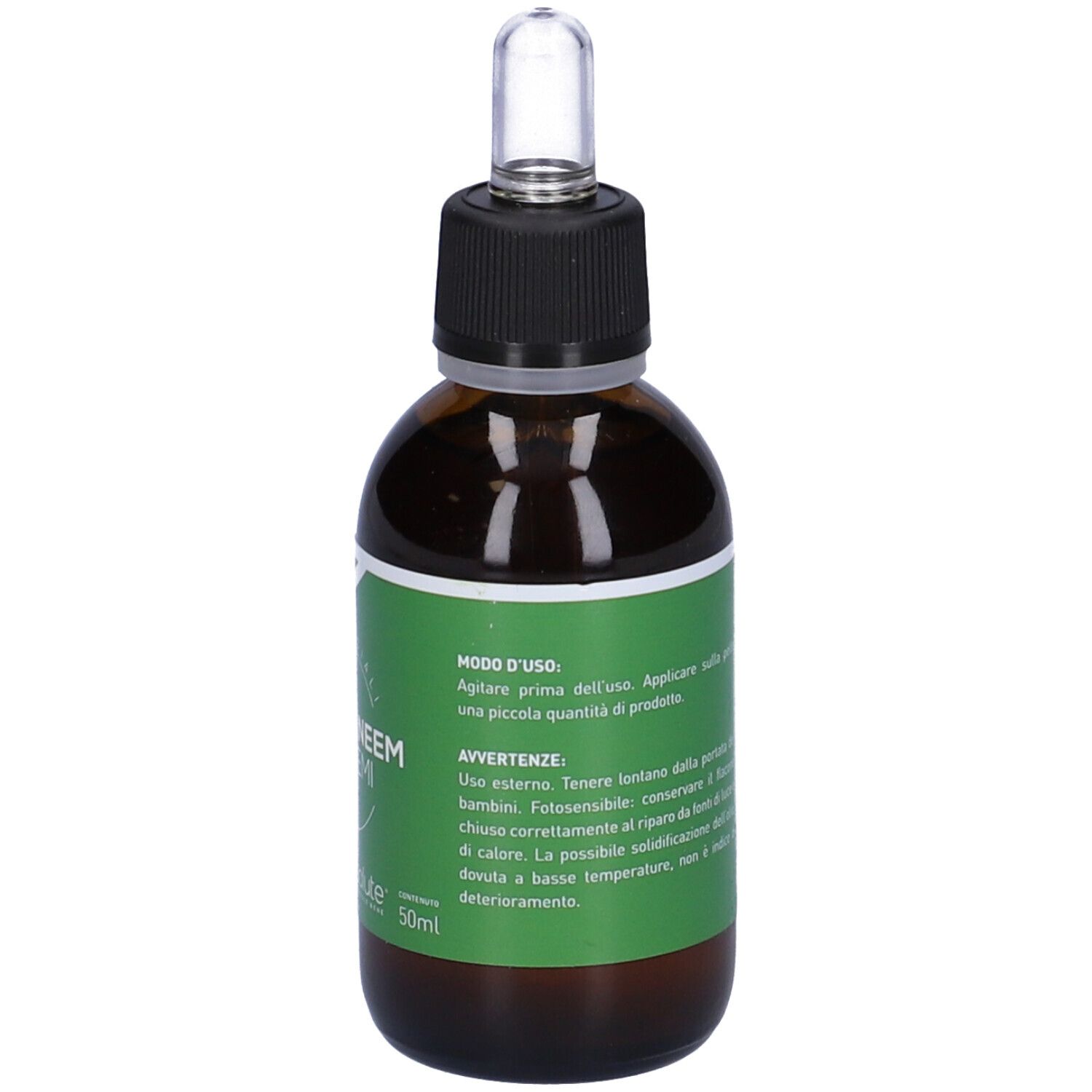 Flacone di vetro marrone con etichetta verde. Scritta: Olio di Neem da Semi. Marchio: Ecosalute. 50ml.