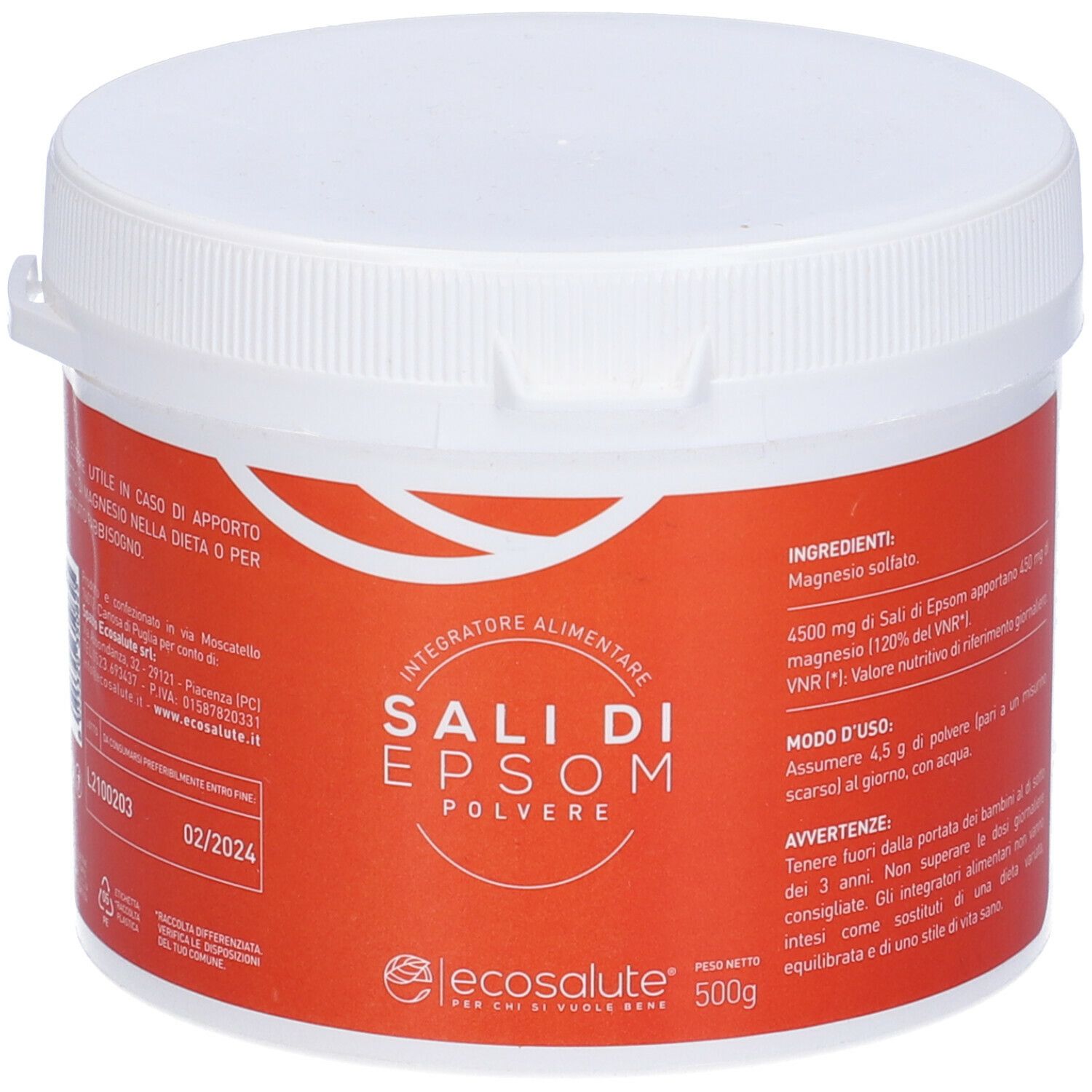 Barattolo bianco con etichetta rossa. Scritta: Sali Di Epsom Polvere. Logo Ecosalute. 500g. Testo in italiano.