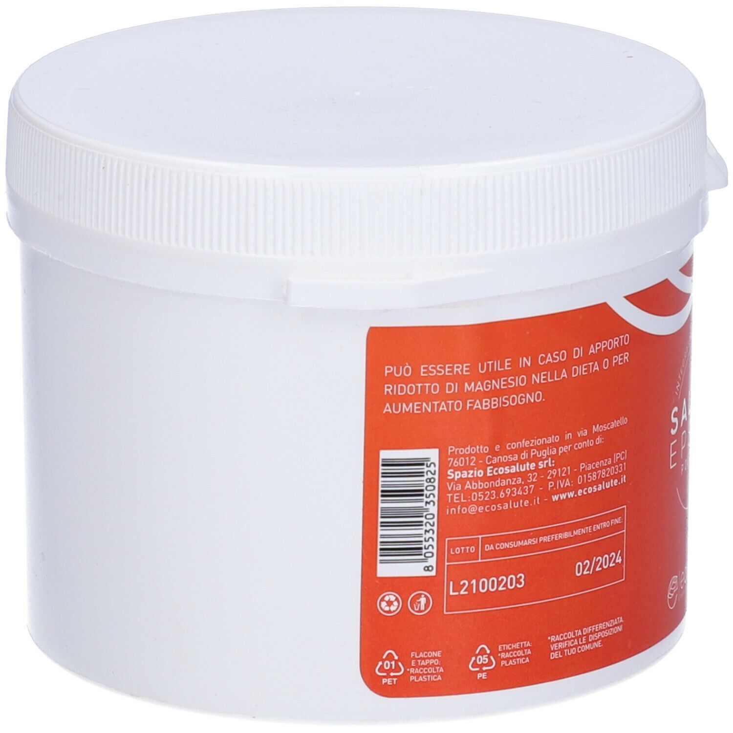 Barattolo bianco con etichetta rossa. Testo in italiano. Scritta: L2100203, 02/2024. Simboli di riciclaggio.