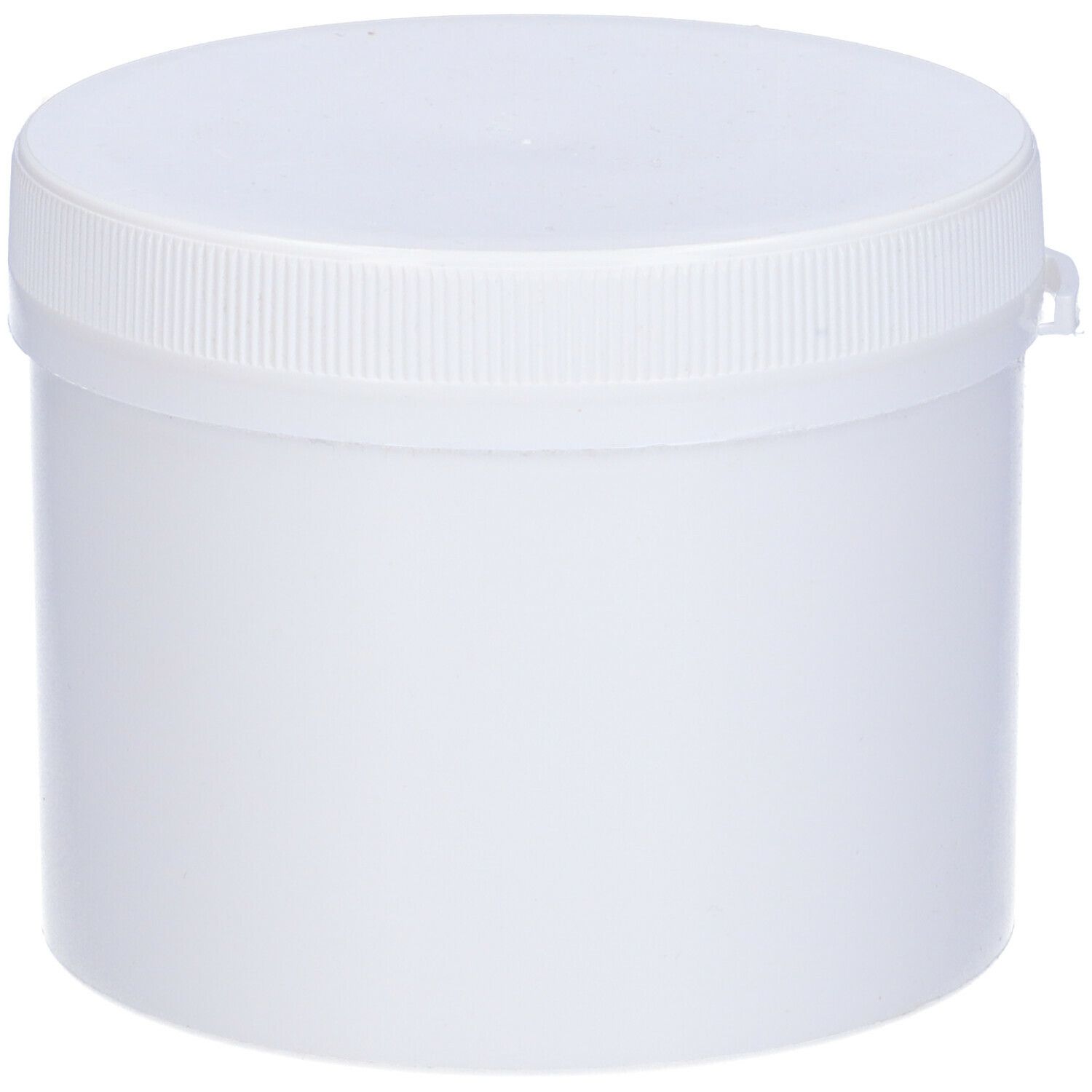Contenitore cilindrico bianco con coperchio. Coperchio con superficie scanalata. Nessuna scritta visibile.