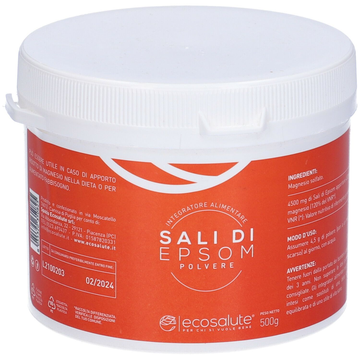 Barattolo bianco con etichetta rossa. Scritta: Sali Di Epsom Polvere. Logo Ecosalute. Testo in italiano.