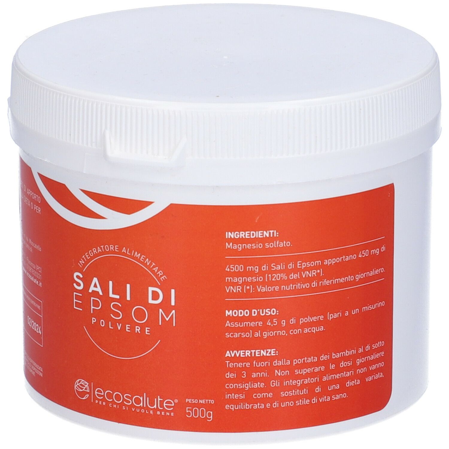 Barattolo bianco con etichetta rossa. Scritta: Sali Di Epsom Polvere. Logo Ecosalute. 500g. Testo in italiano.