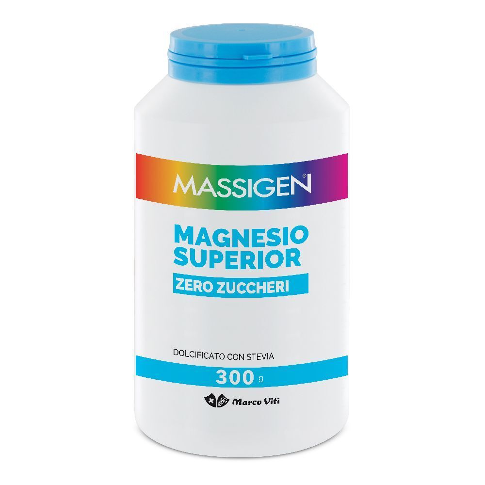 Flacone bianco con tappo blu. Scritta: MASSIGEN, Magnesio Superior Zero Zuccheri. Logo Marco Viti.