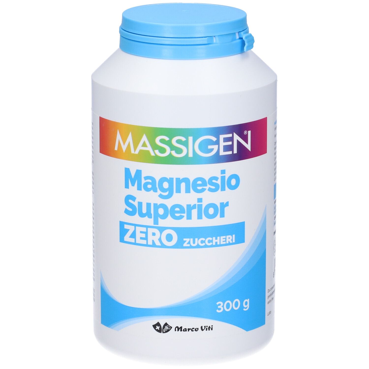Flacone bianco con tappo blu. Scritta: MASSIGEN, Magnesio Superior Zero Zuccheri, 300g. Logo Marco Viti.