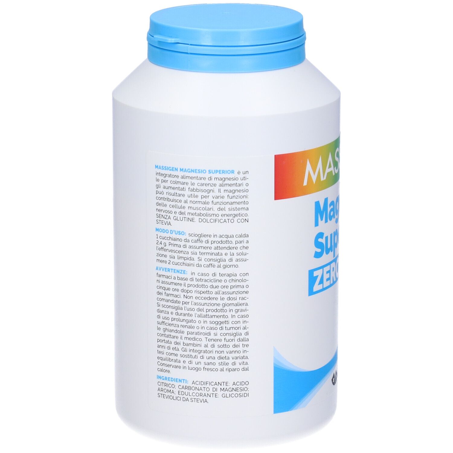 Flacone bianco con tappo blu. Testo in italiano. Scritta: MASSIGEN, Magnesio Superior Zero Zuccheri. Logo Marco Viti.