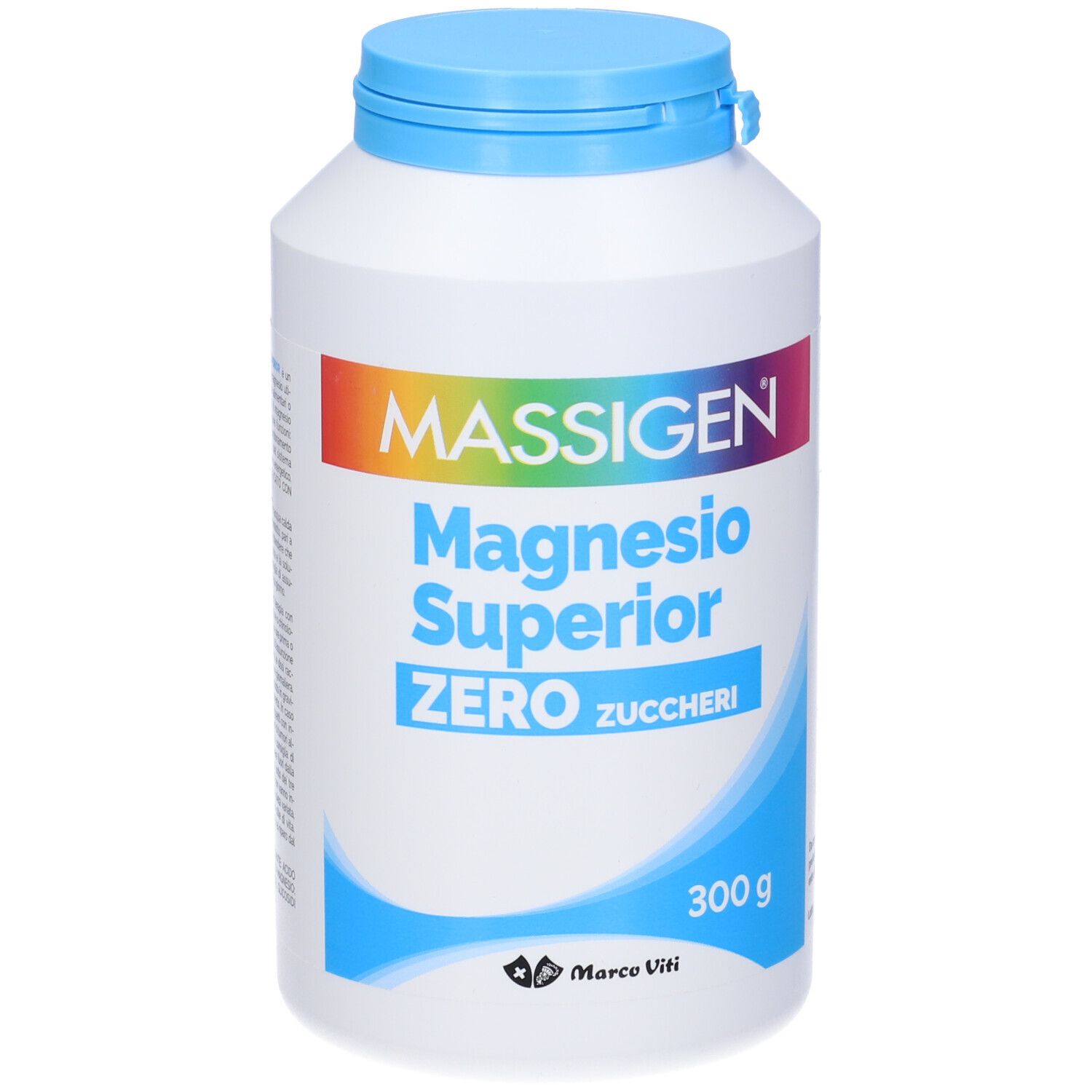 Flacone bianco con tappo blu. Scritta: MASSIGEN, Magnesio Superior Zero Zuccheri, 300g. Logo Marco Viti.