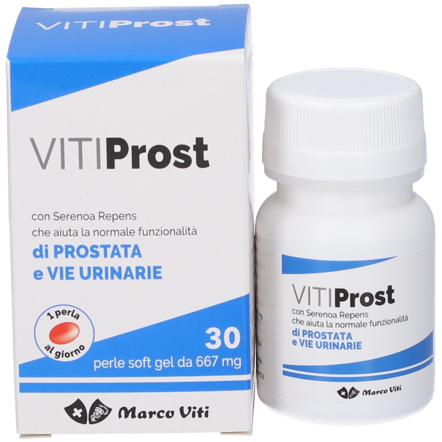 VitiProst-Packung und Flasche. Packung mit Aufschrift VitiProst, 30 Perlen. Flasche mit Aufschrift VitiProst. Marke Marco Viti.