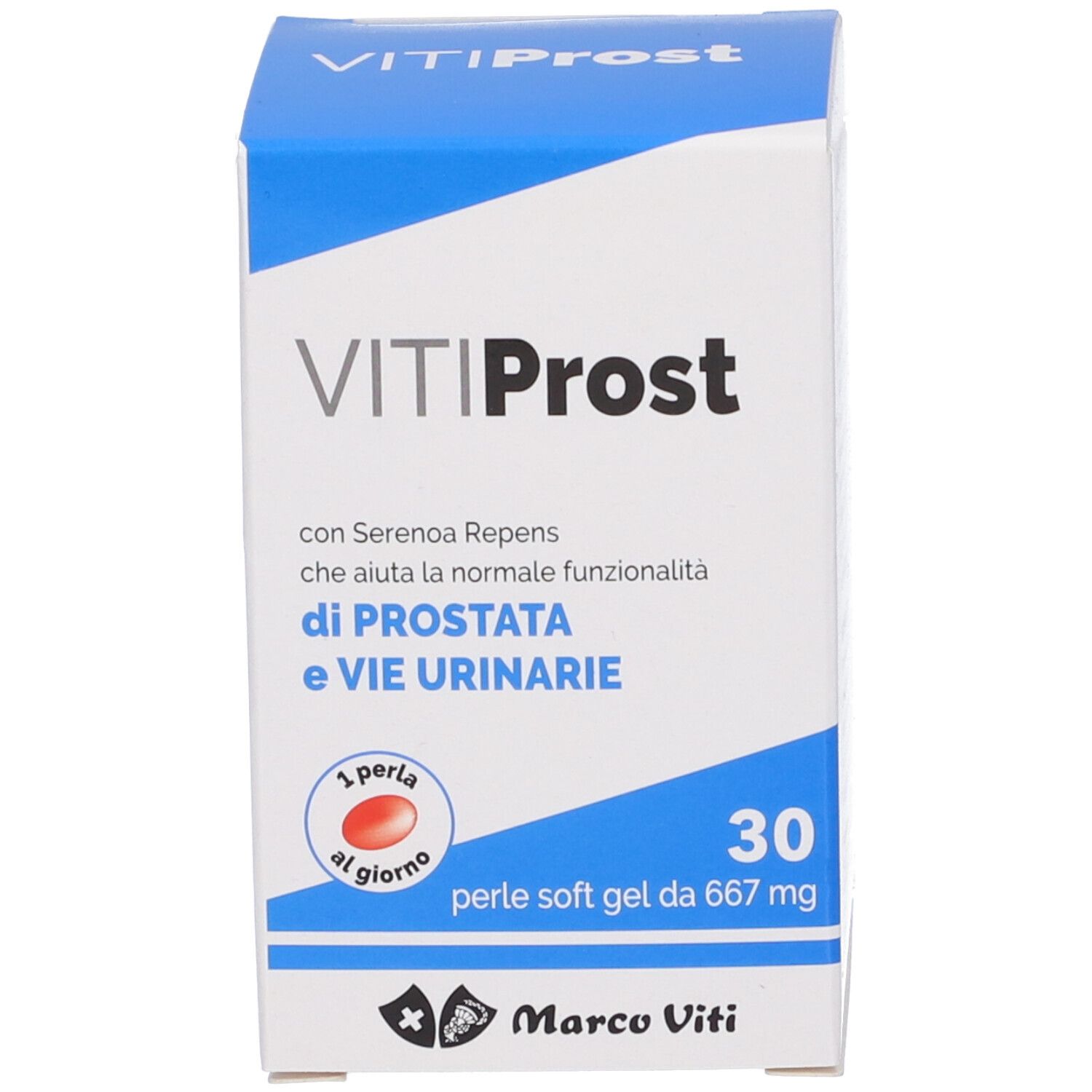 VitiProst-Packung. Aufschrift VitiProst, 30 Perlen. Marke Marco Viti. Blaue und weiße Verpackung.