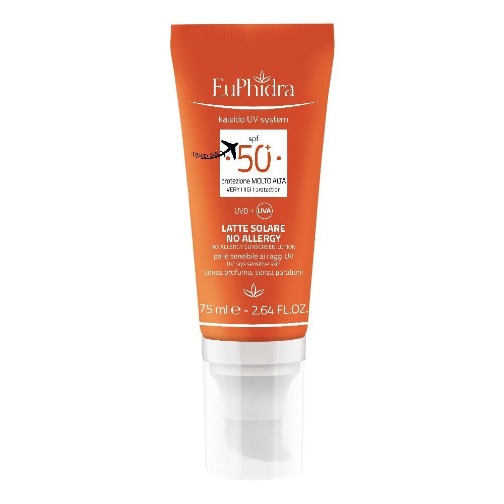 Tubo arancione con dispenser bianco. Testo: EuPhidra, Kaleido UV system, SPF 50, Latte Solare No Allergy. 75 ml.