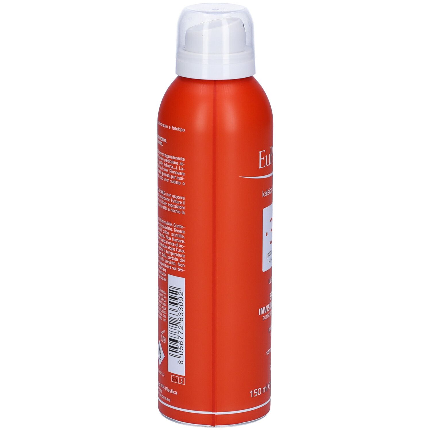 Flacone spray rosso, vista laterale. Scritte e testo in italiano. Erogatore bianco.