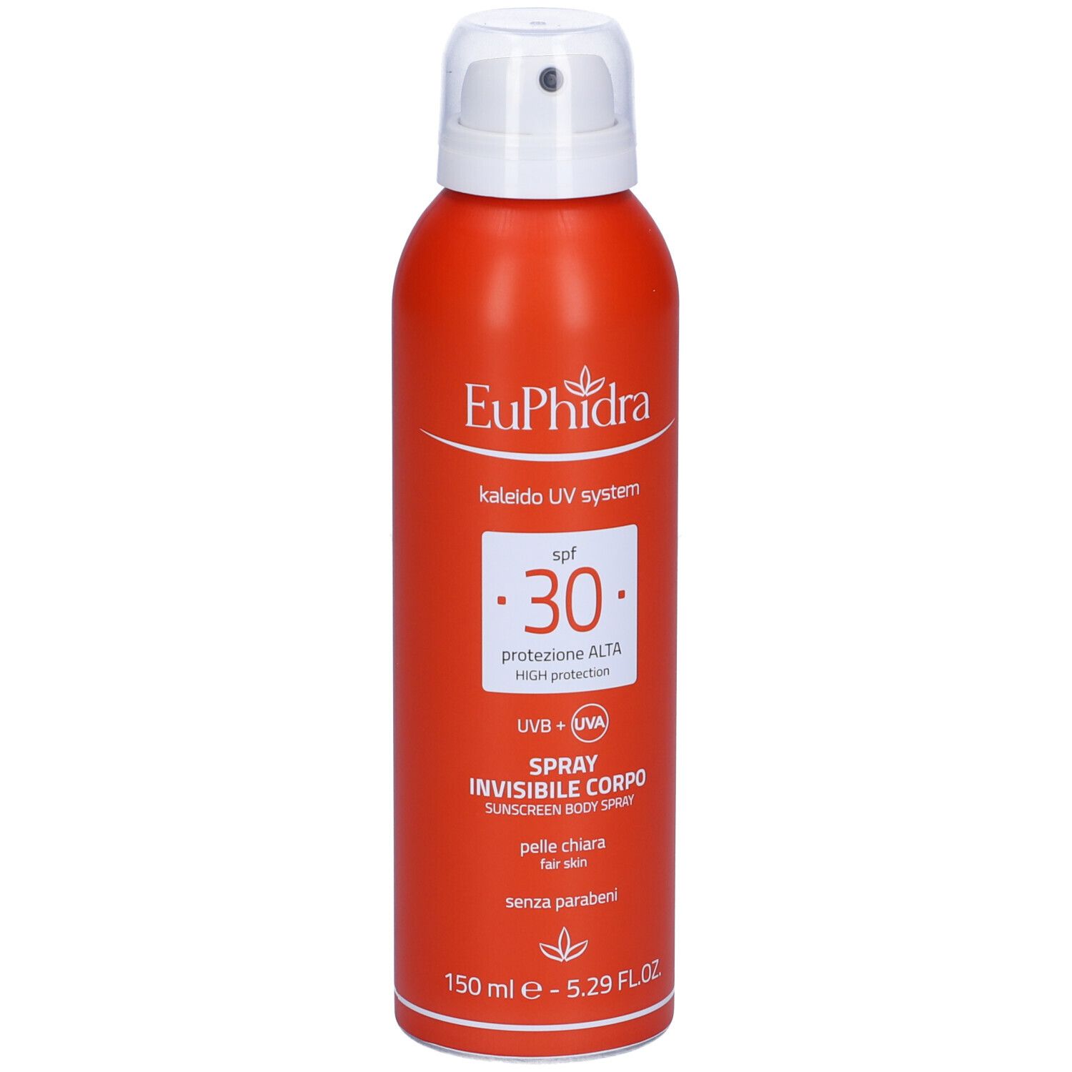 Flacone spray rosso con erogatore bianco. Scritta: Euphidra Kaleido UV system SPF 30. Spray invisibile corpo.