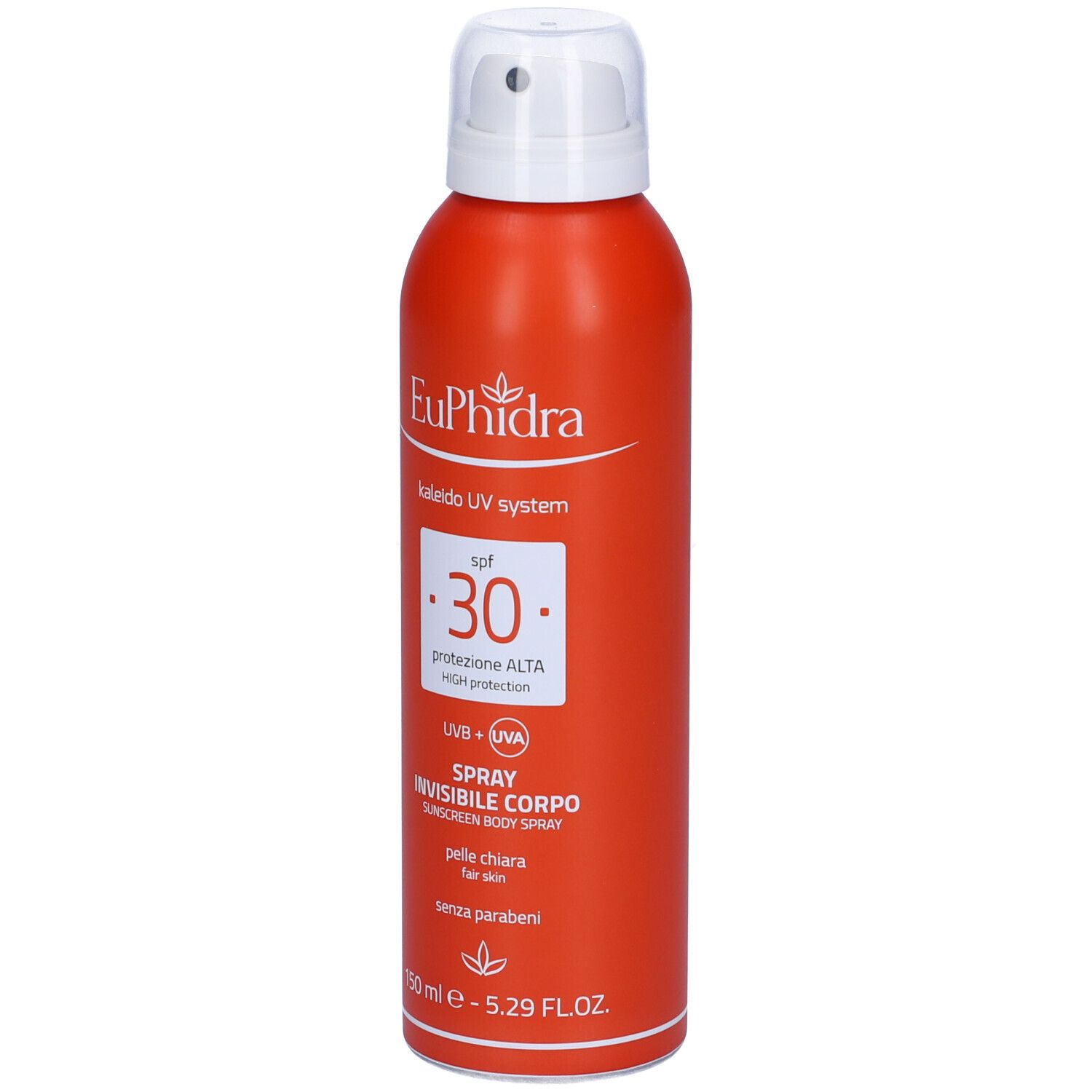 Flacone spray rosso con erogatore bianco. Scritta: Euphidra Kaleido UV system SPF 30. Spray invisibile corpo.