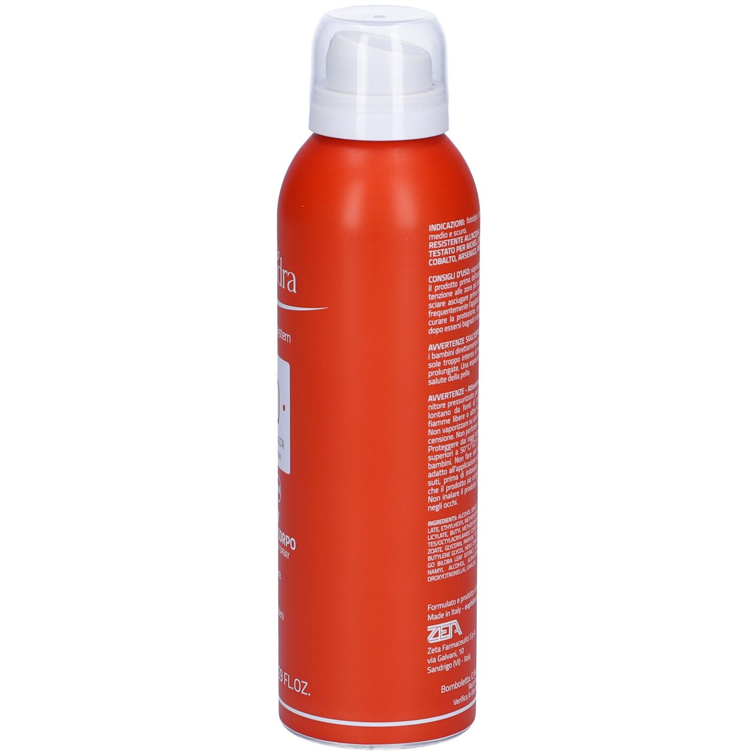 Flacone spray rosso, vista laterale. Scritte e testo in italiano. Erogatore bianco.