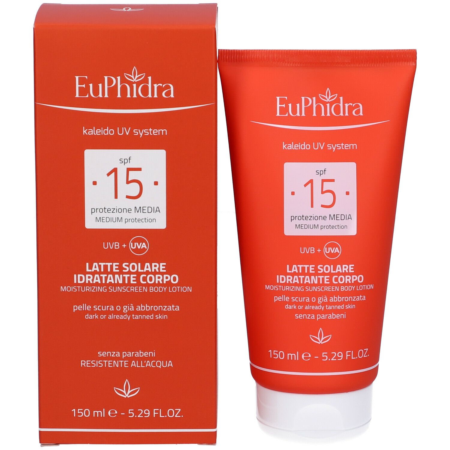 Lozione solare e confezione. Marchio Euphidra, Kaleido UV System, SPF 15. Testo in italiano. Arancione.