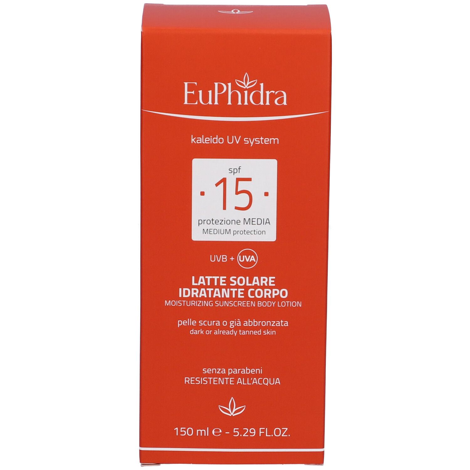 Confezione di lozione solare. Marchio Euphidra, Kaleido UV System, SPF 15. Testo in italiano. Arancione.