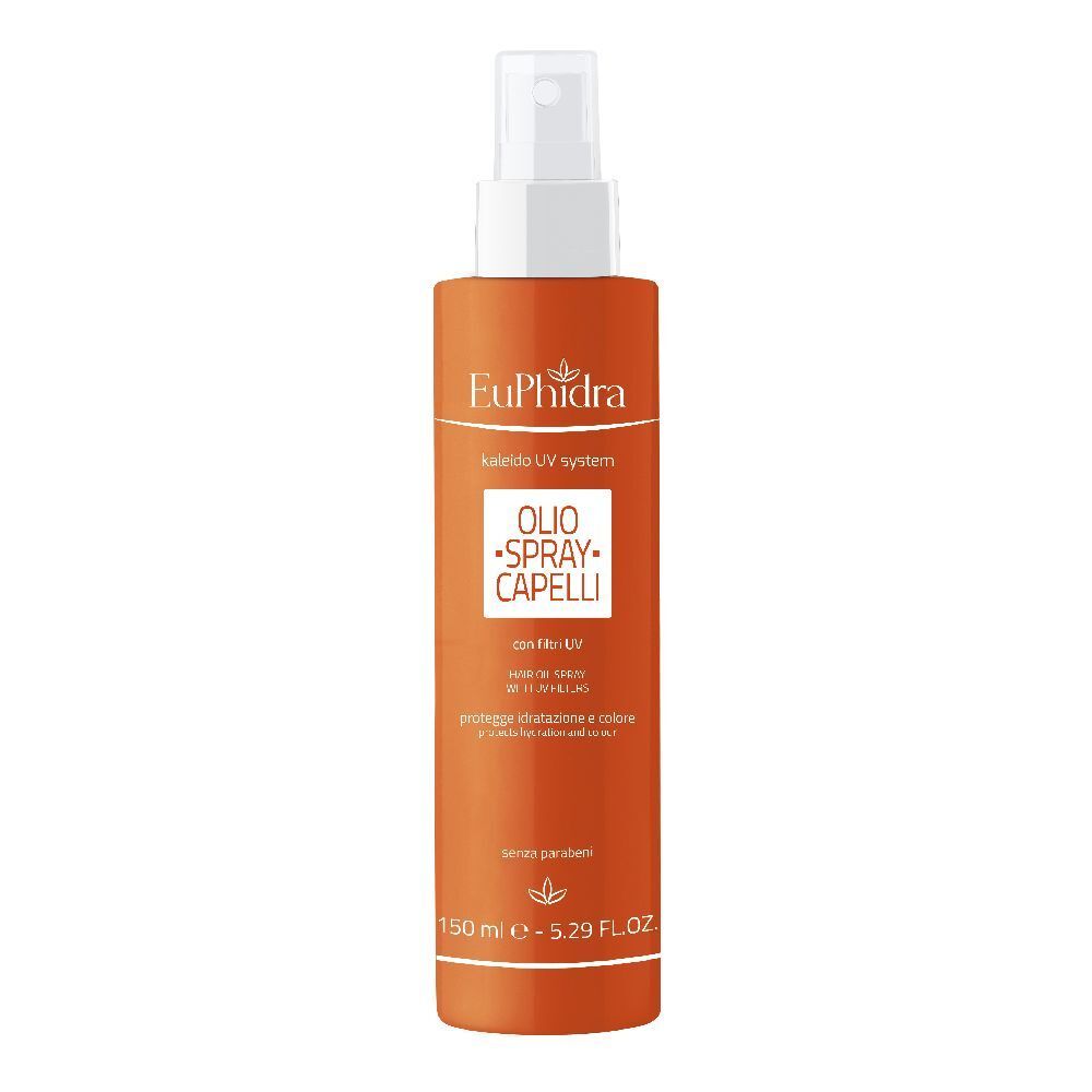 Flacone spray arancione. Erogatore bianco. Testo: Euphidra, Kaleido UV system, Olio Spray Capelli. 150 ml.