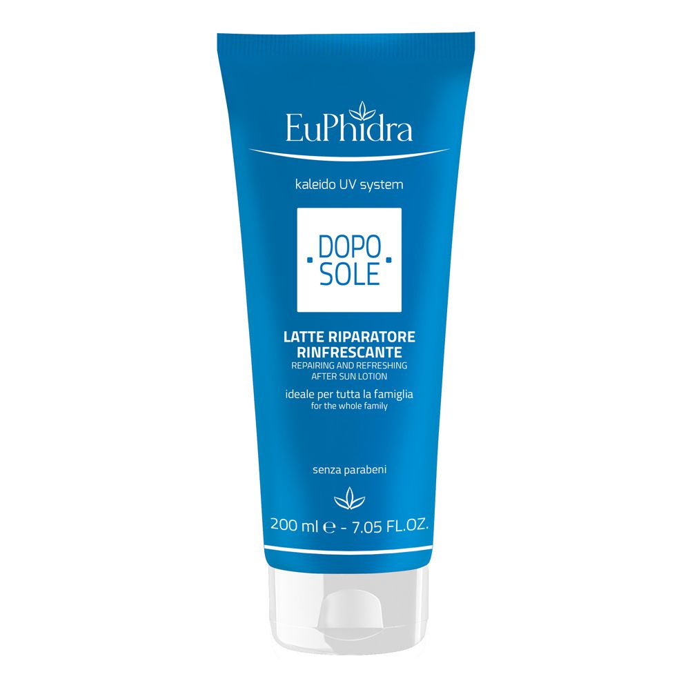 Tubo blu con tappo bianco. Testo: EuPhidra, Dopo Sole, Latte Riparatore Rinfrescante. 200 ml.