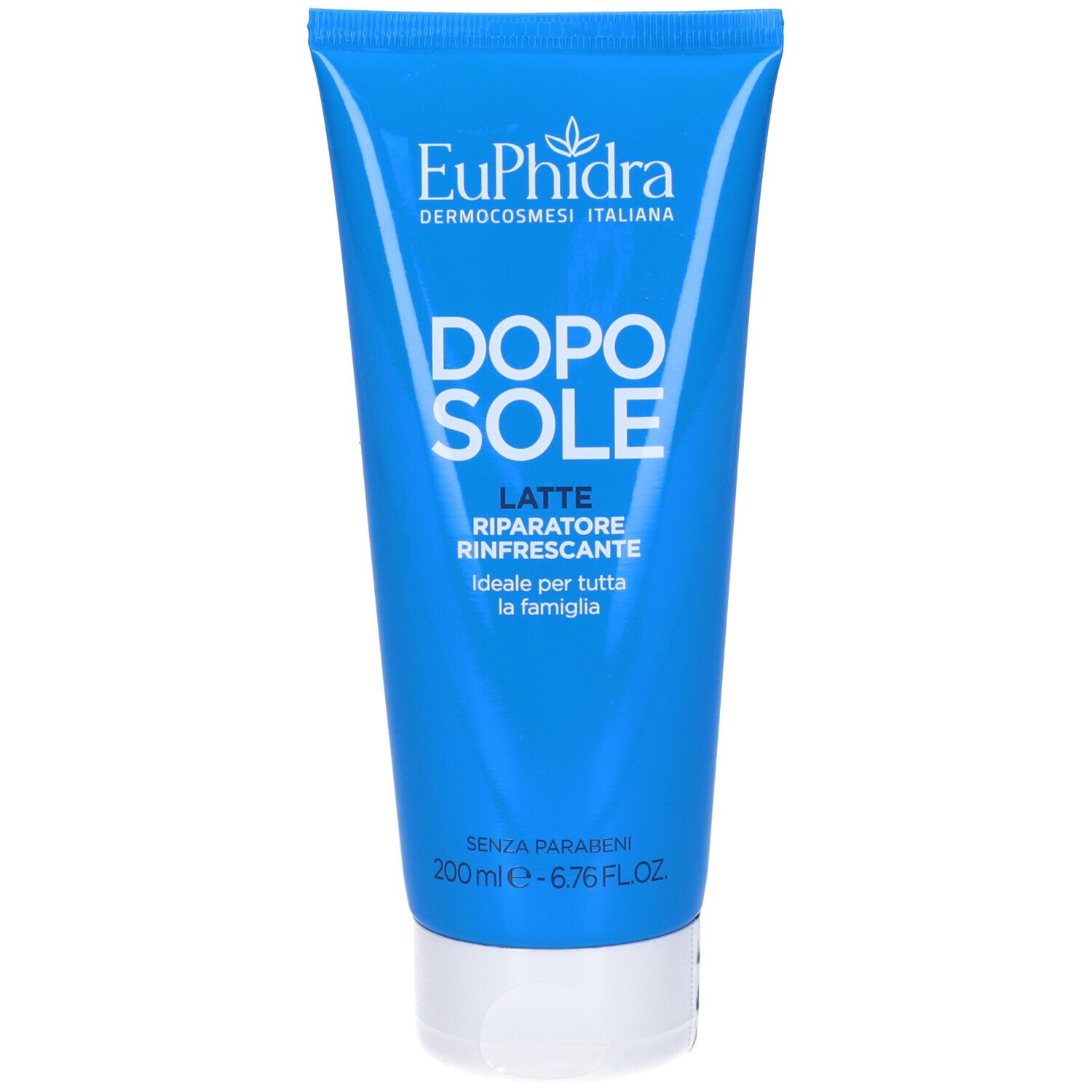 Tubo blu con tappo bianco. Testo: EuPhidra, Dopo Sole, Latte Riparatore Rinfrescante. 200 ml.