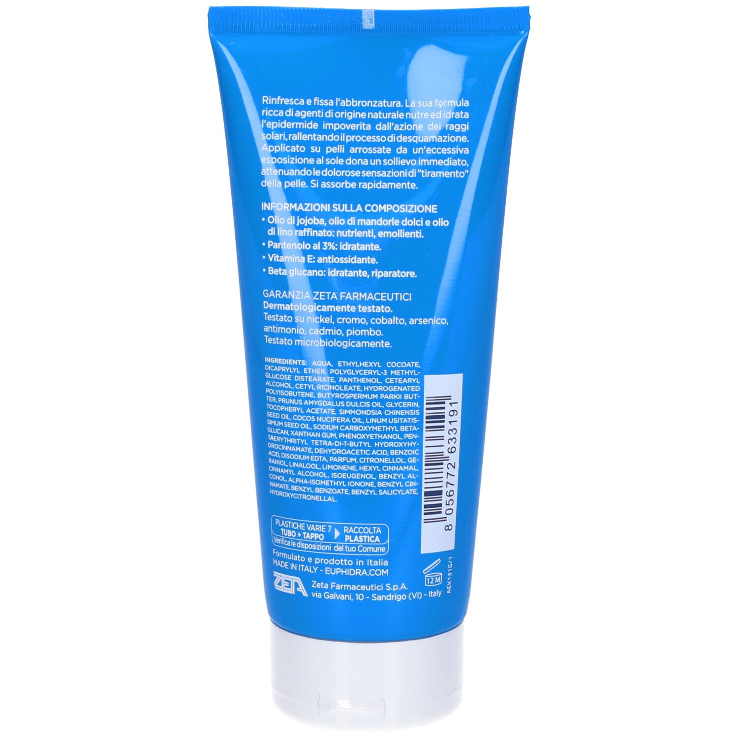 Retro di un tubo blu con tappo bianco. Testo e ingredienti. Testo: Garanzia Farmaceutici.