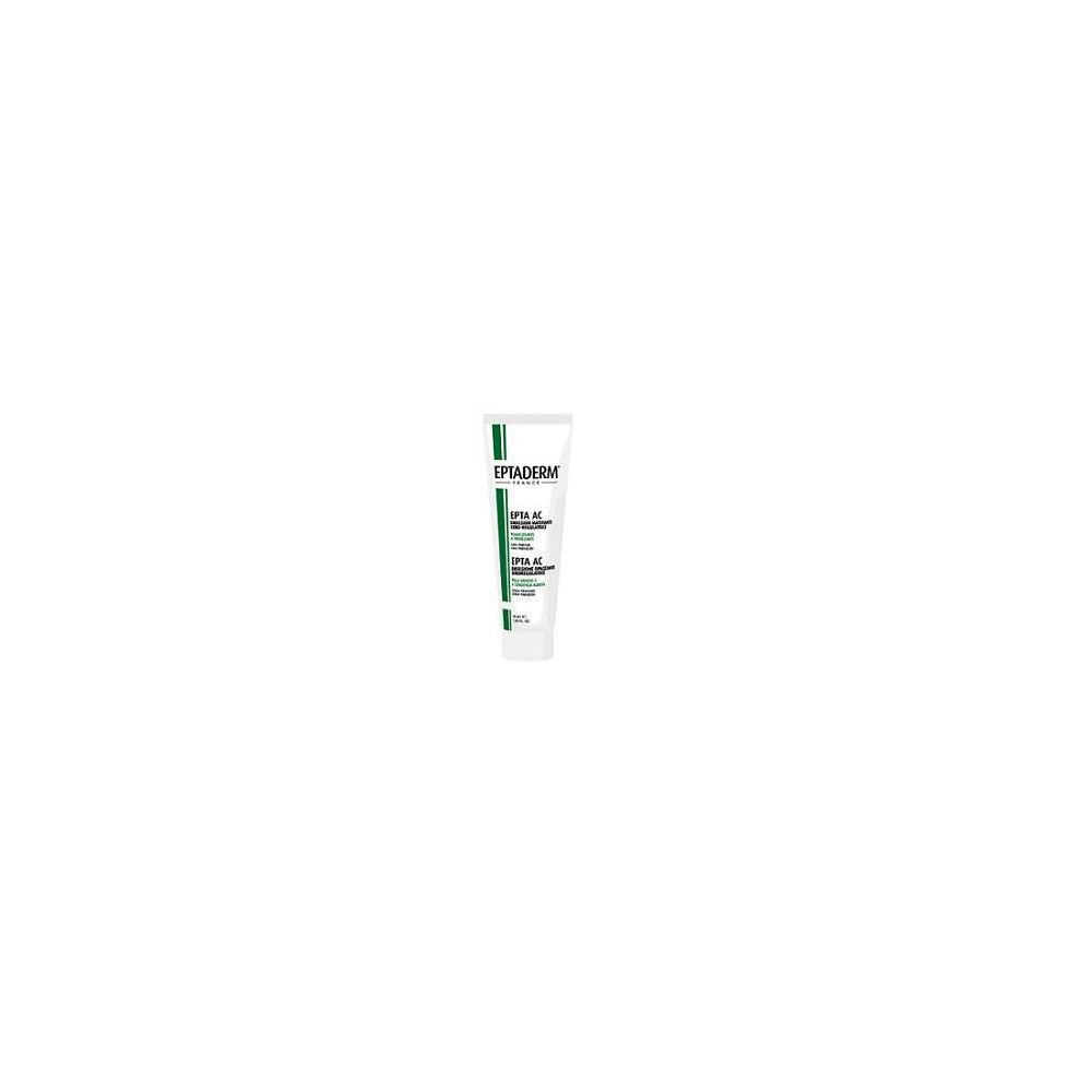 Tubo bianco con stampa verde. Testo: EPTADERM, EPTA AC Emulsion. Dermatologicamente testato.