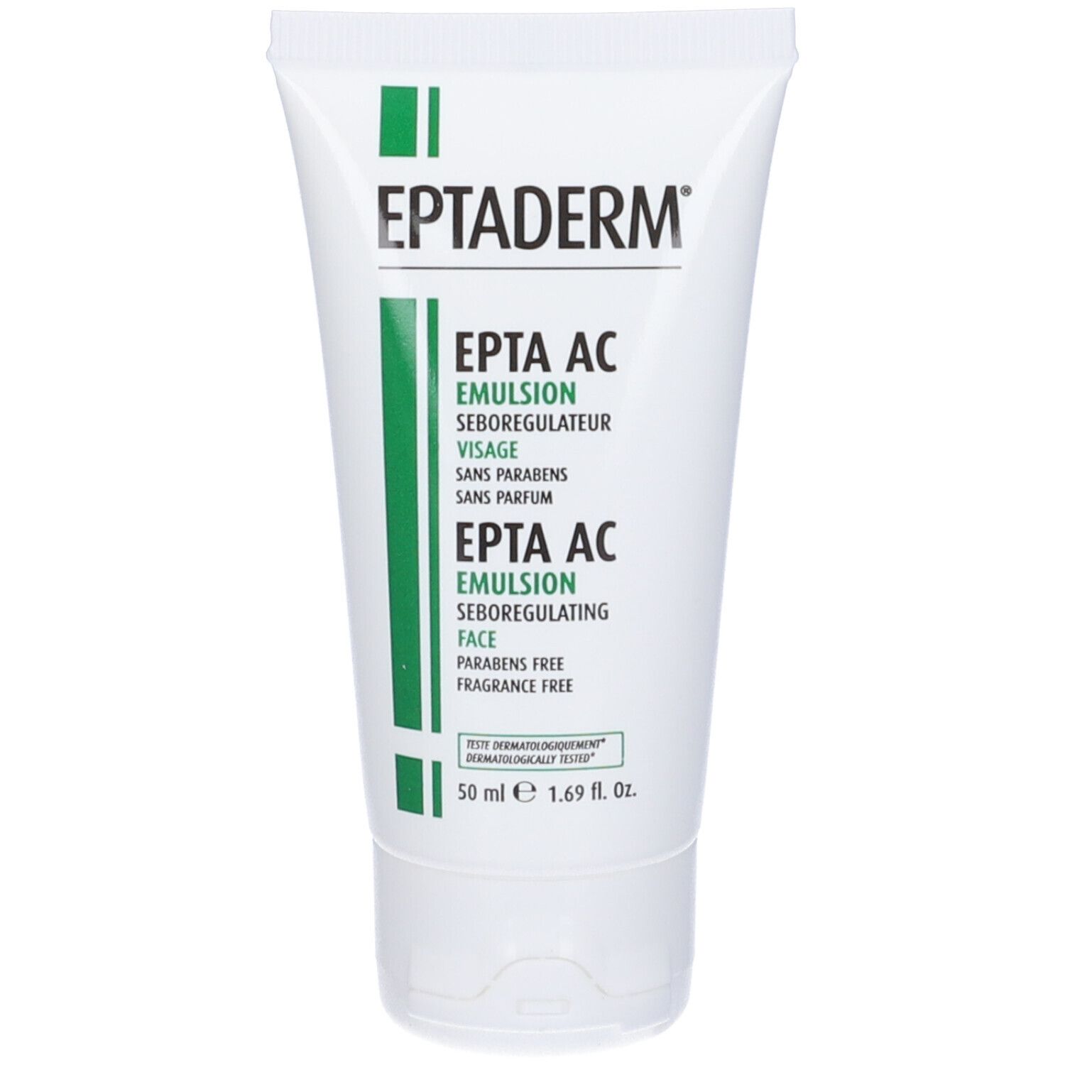 Tubo bianco con stampa verde. Testo: EPTADERM, EPTA AC Emulsion. 50 ml. Senza parabeni, senza profumo.