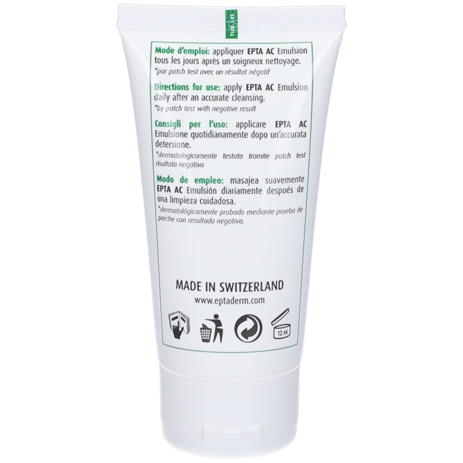 Retro del tubo. Testo: Istruzioni per l'uso, ingredienti, Made in Switzerland. Dermatologicamente testato.