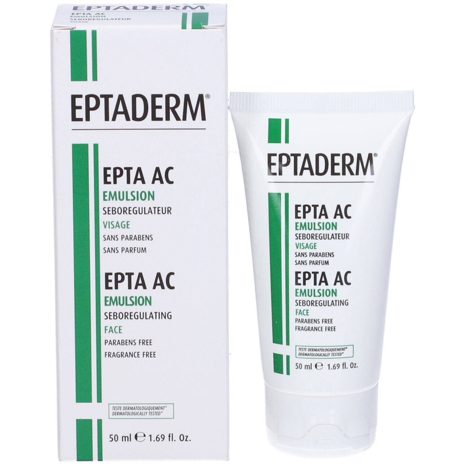 Confezione del prodotto con tubo e scatola. Testo: EPTADERM, EPTA AC Emulsion. 50 ml. Dermatologicamente testato.