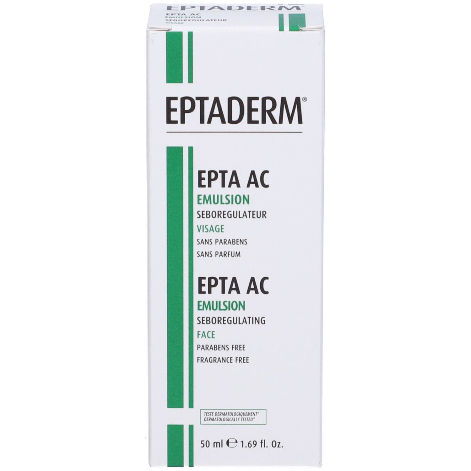 Confezione in cartone. Testo: EPTADERM, EPTA AC Emulsion. 50 ml. Senza parabeni, senza profumo. Dermatologicamente testato.