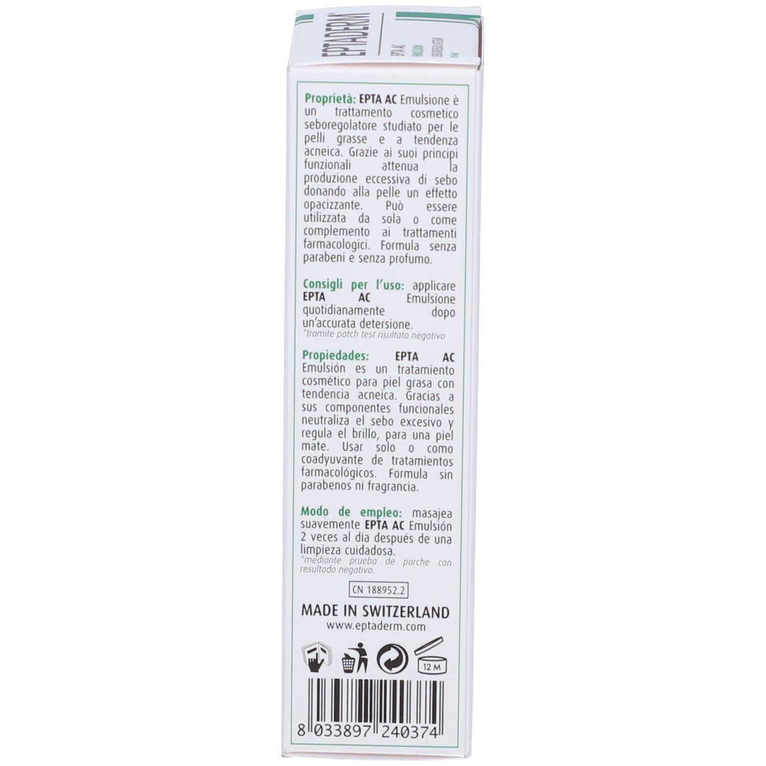 Retro della confezione in cartone. Testo: Istruzioni per l'uso, ingredienti, Made in Switzerland. Dermatologicamente testato.