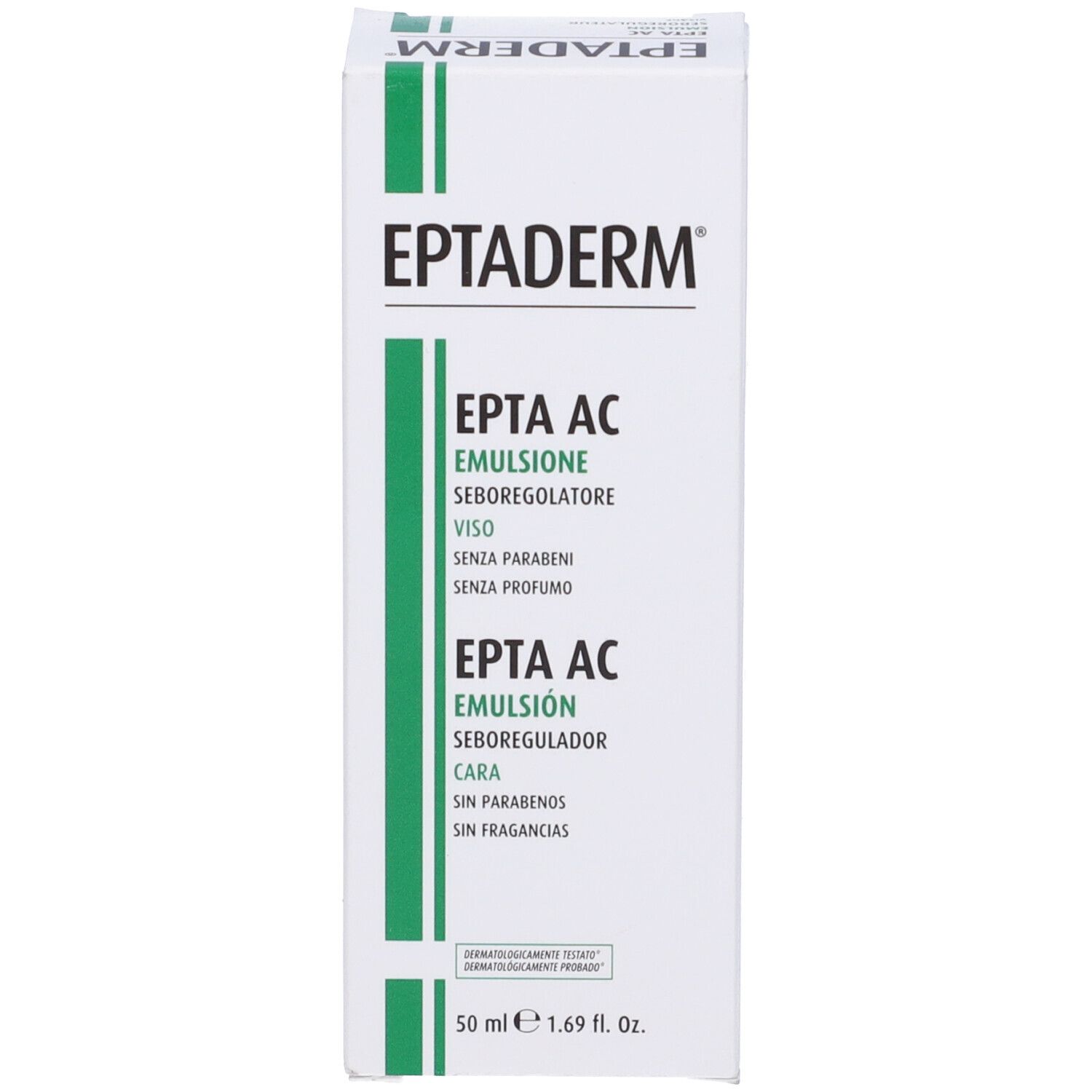 Fronte della confezione in cartone. Testo: EPTADERM, EPTA AC Emulsion. 50 ml. Senza parabeni, senza profumo.