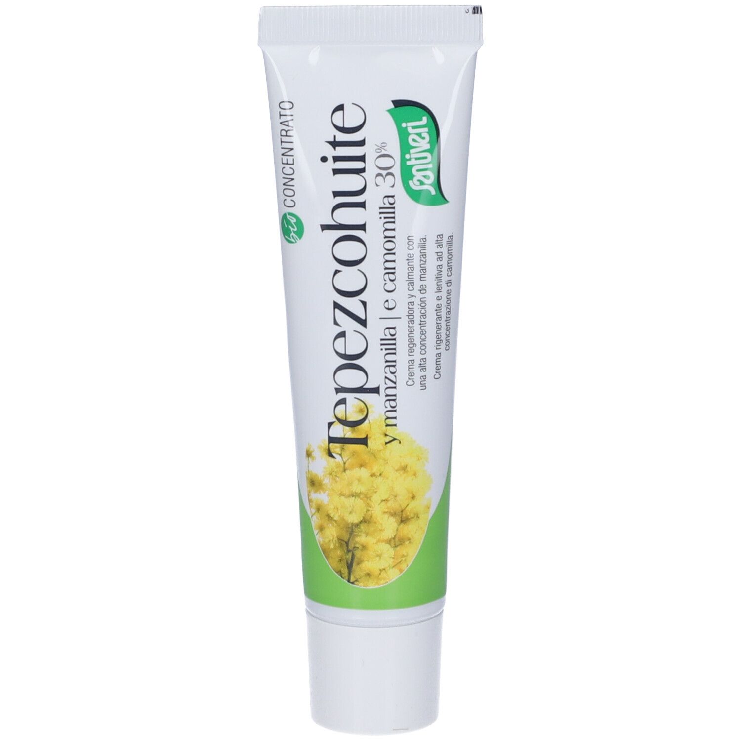 Tubo di crema Tepezcohuite y manzanilla e camomilla 30%. Colori verde e bianco. Marchio: Santiveri.