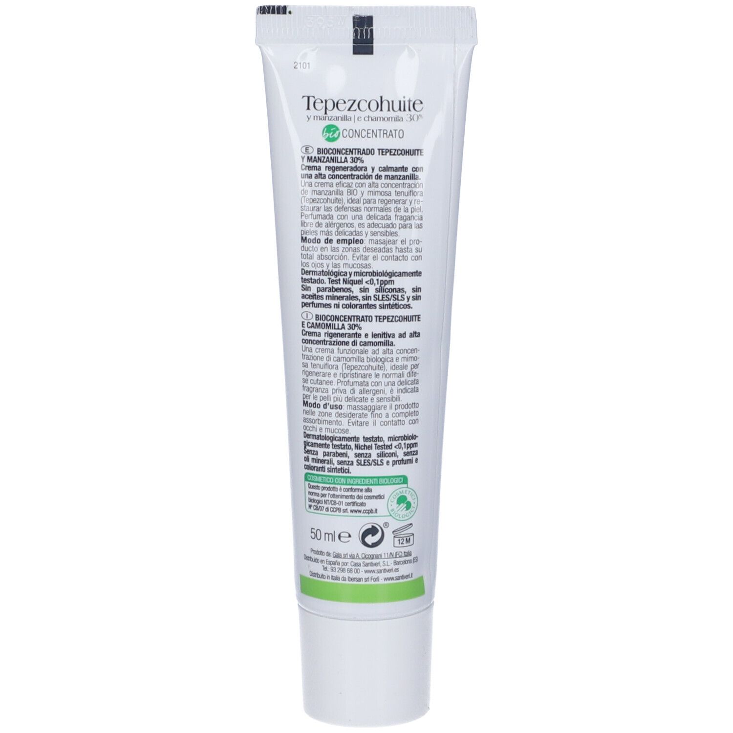 Retro del tubo di crema. Testo multilingue. Contiene informazioni sugli ingredienti e sul produttore.
