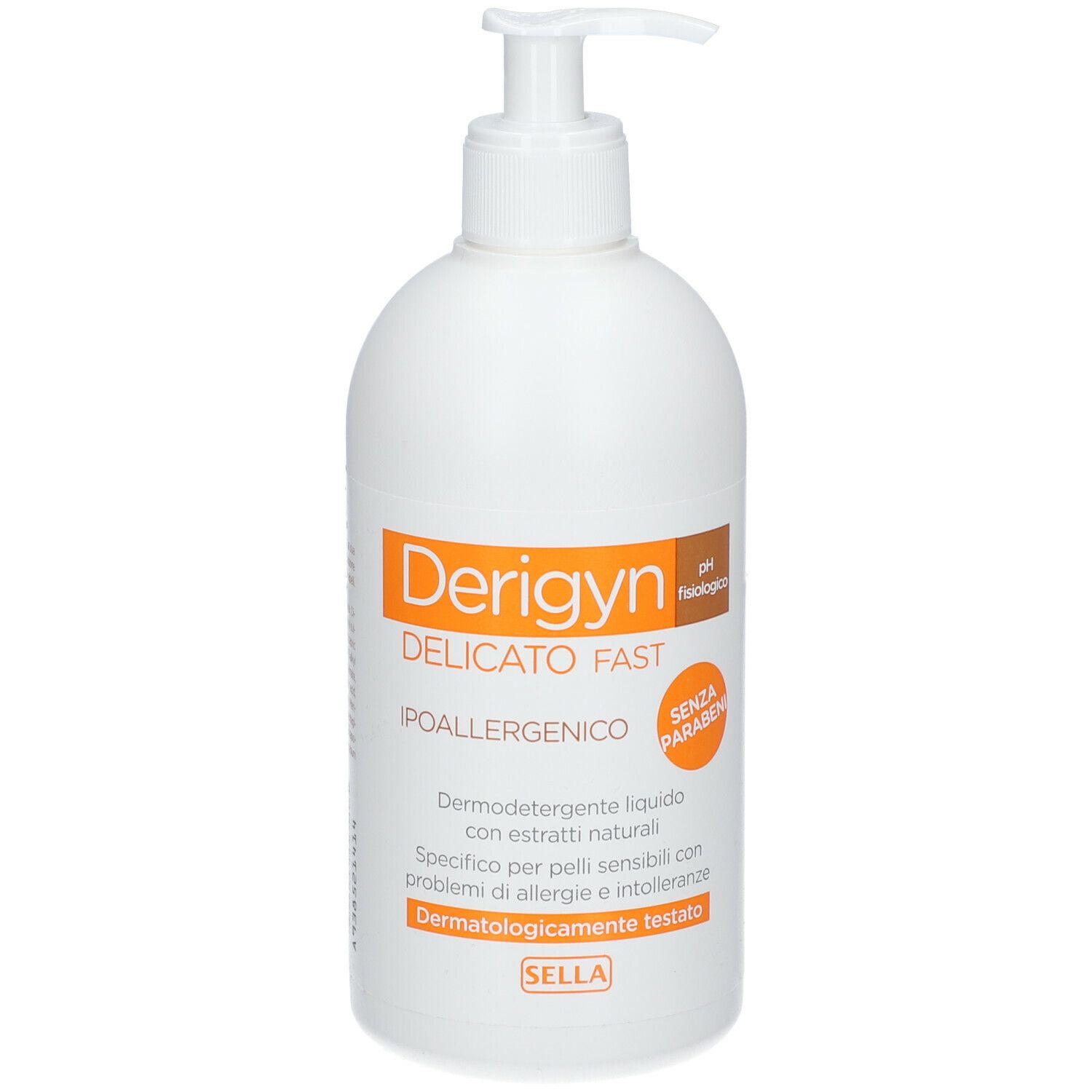 Flacone bianco con dosatore. Scritta: Derigyn Delicato Fast. Etichette arancioni. Senza parabeni. Marchio: Sella.
