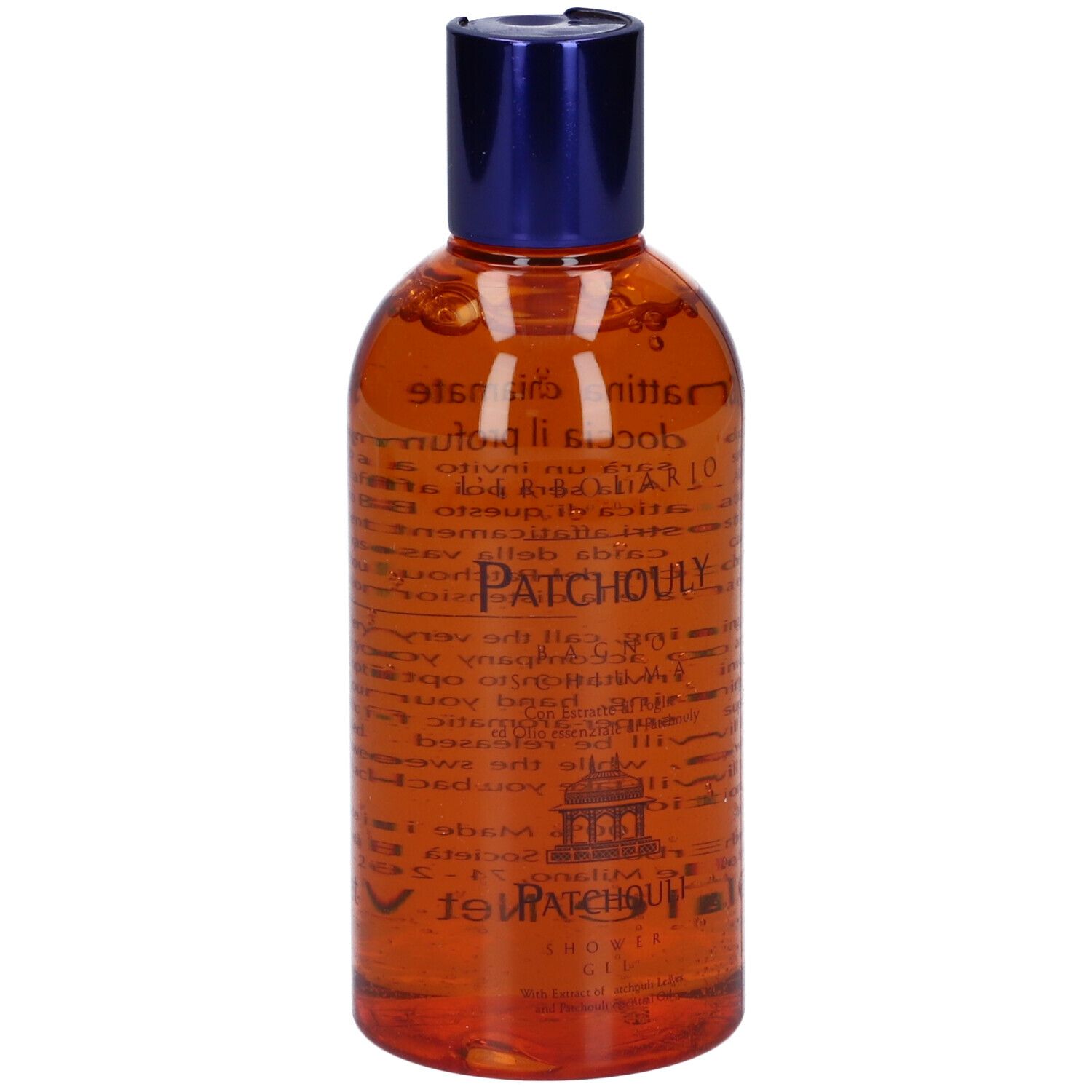 Flacone trasparente con tappo blu. Liquido arancione. Testo sul flacone.