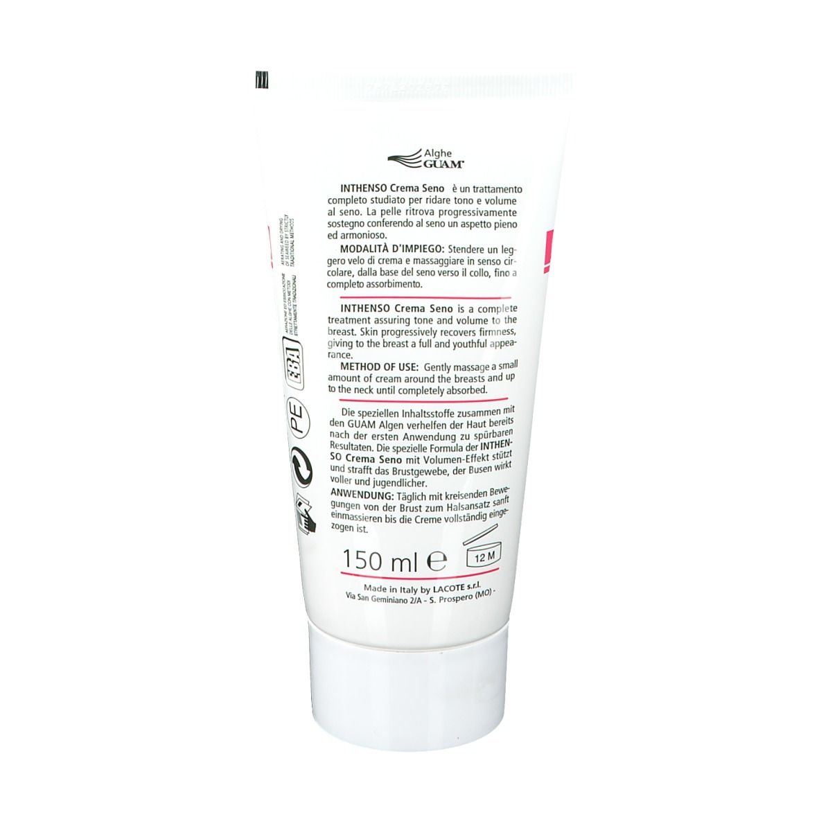 Retro del tubo di crema. Testo: INTHENSO Crema Seno, 150 ml. Modo d'uso.