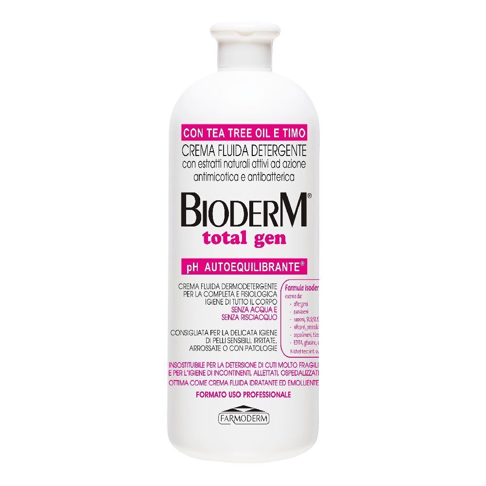 Flacone bianco con tappo rosa. Scritta: Bioderm total gen. Testo in italiano.