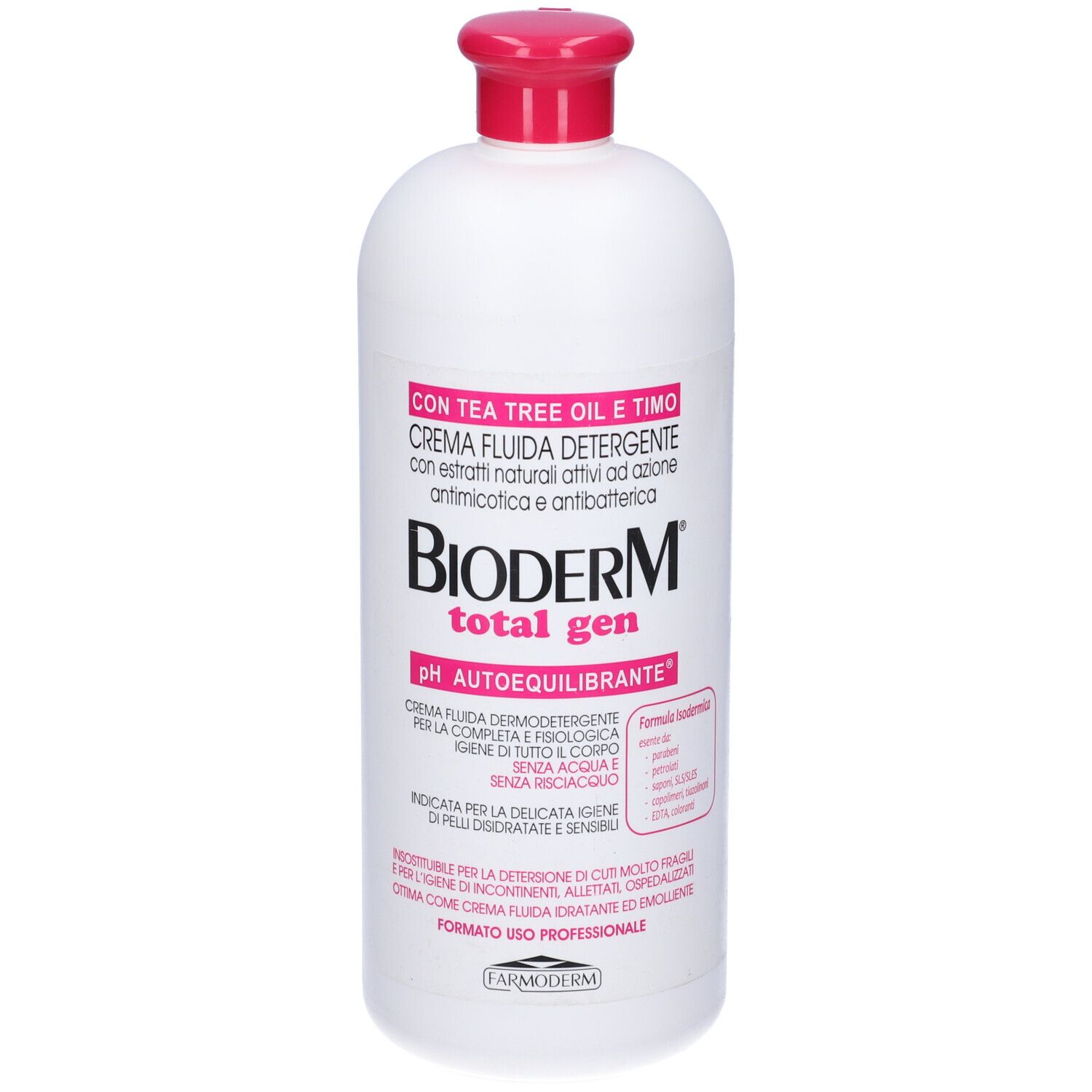 Flacone bianco con tappo rosa. Scritta: Bioderm total gen. Testo in italiano.