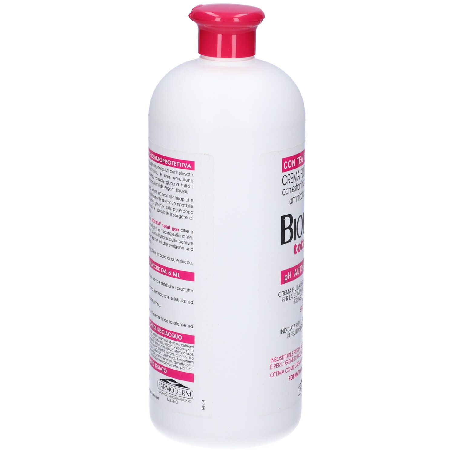 Flacone bianco con tappo rosa. Scritta: Bioderm total gen. Testo in italiano.