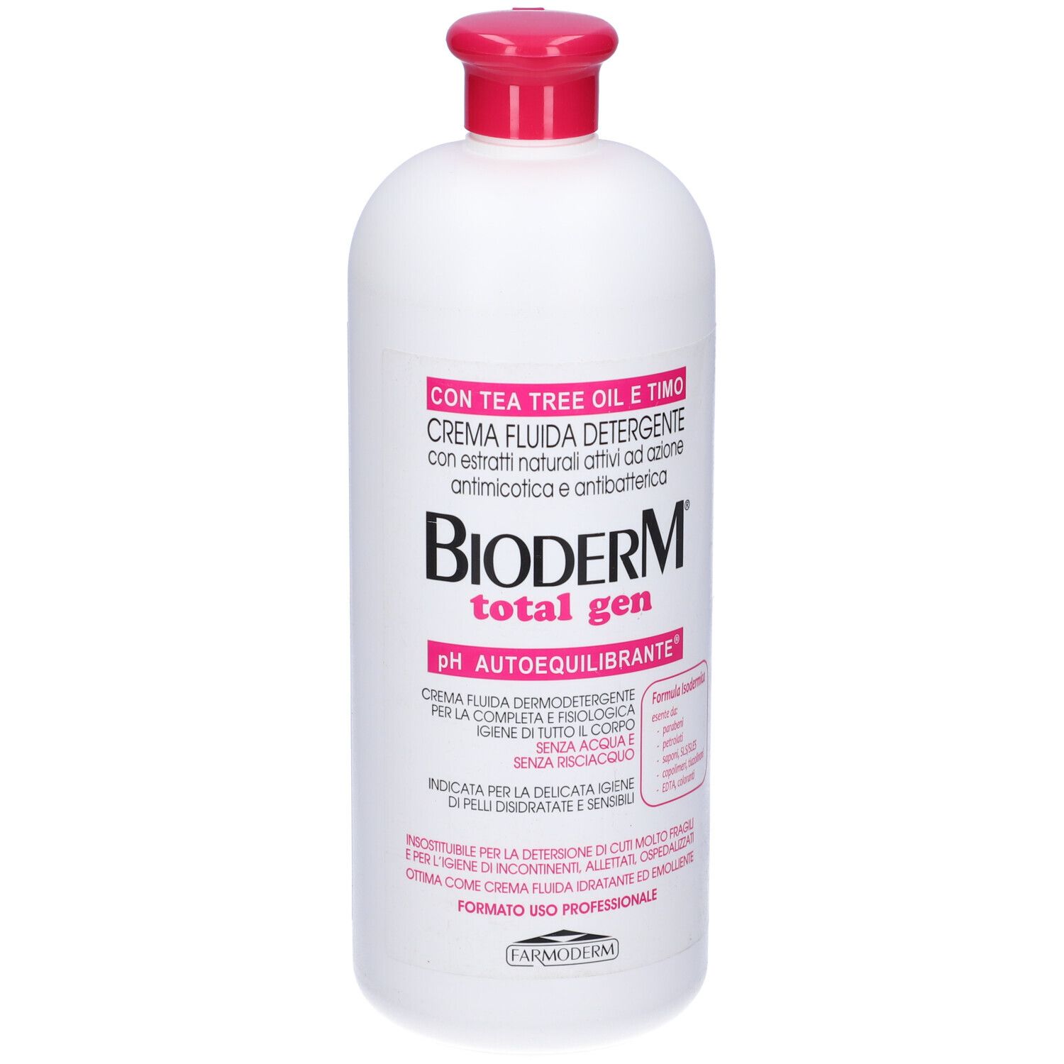 Flacone bianco con tappo rosa. Scritta: Bioderm total gen. Testo in italiano.