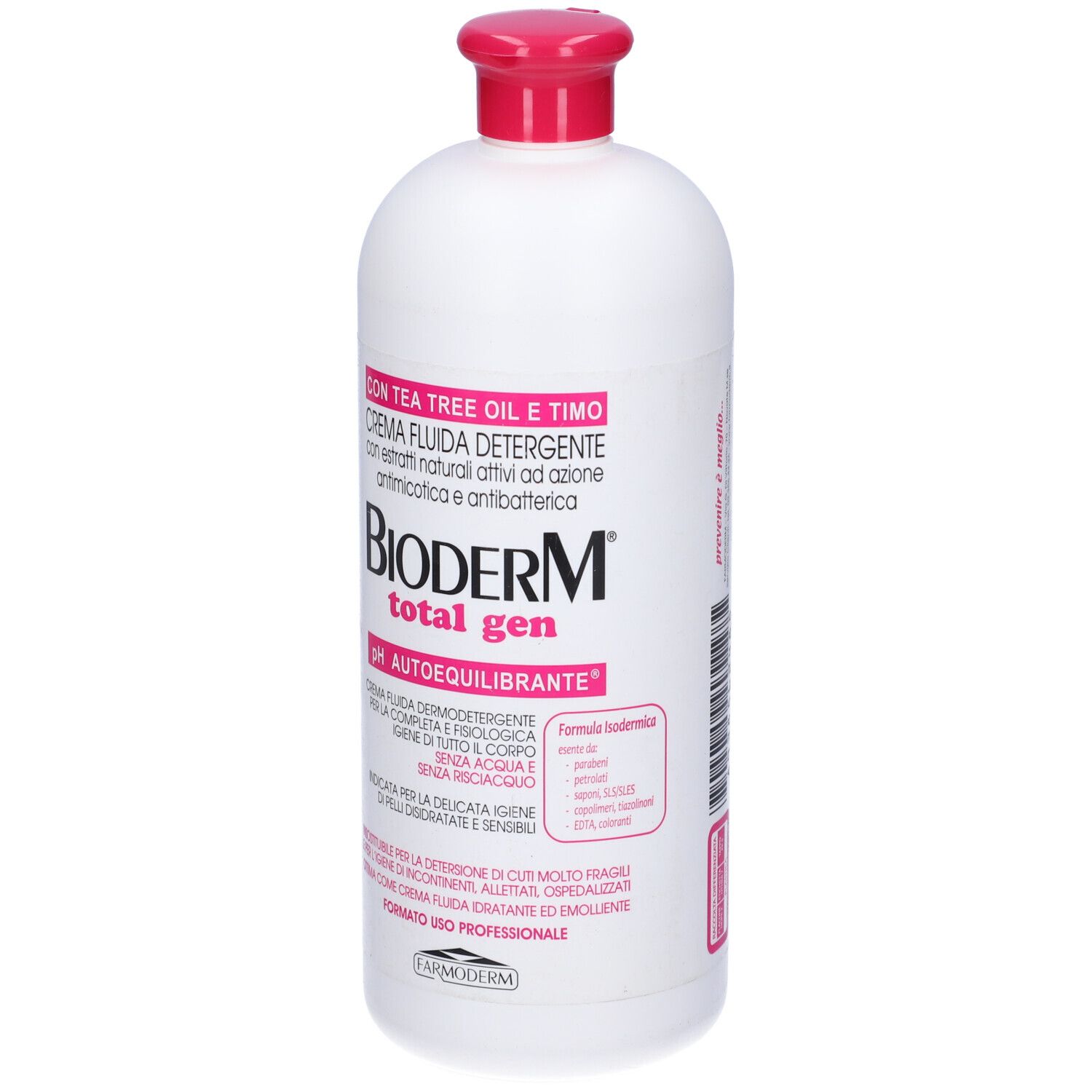 Flacone bianco con tappo rosa. Scritta: Bioderm total gen. Testo in italiano.