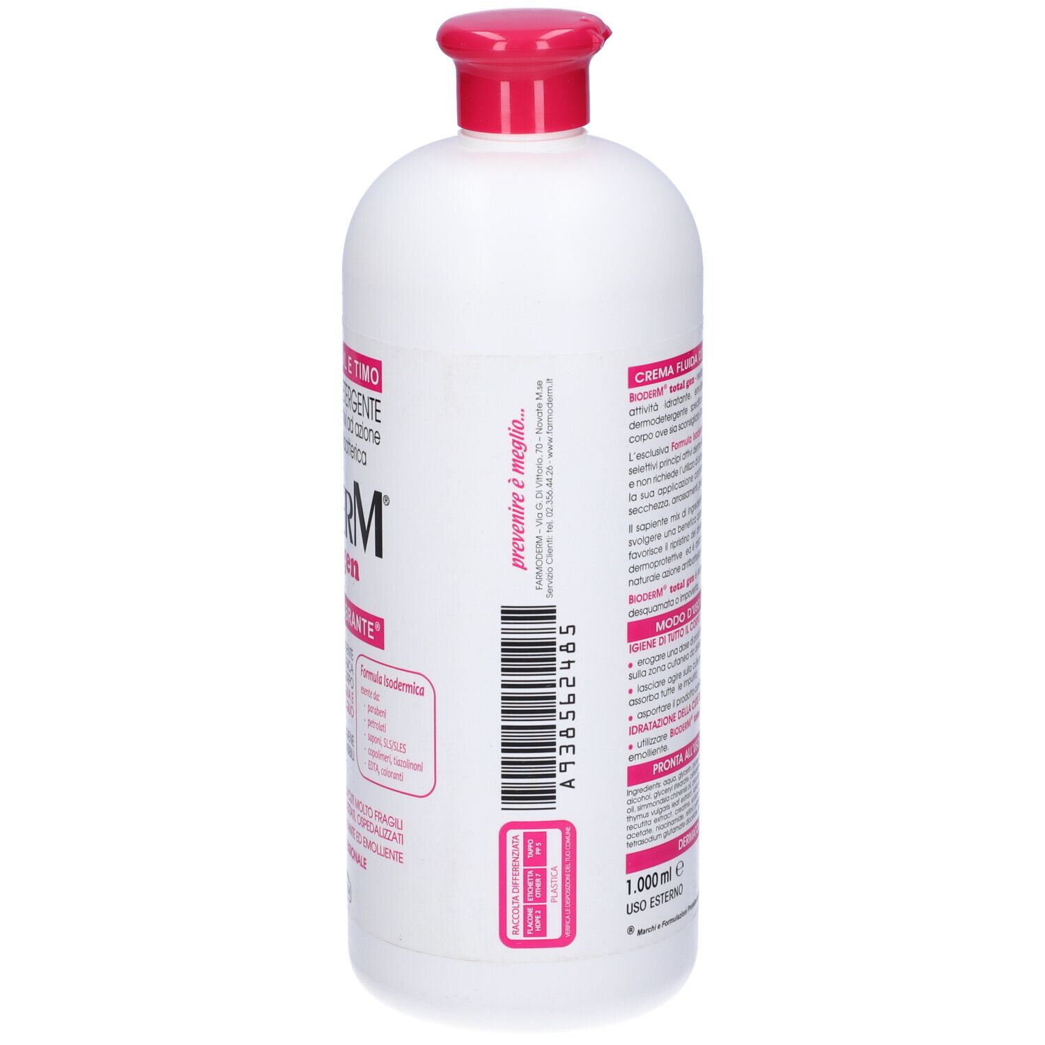 Flacone bianco con tappo rosa. Scritta: Bioderm total gen. Testo in italiano.