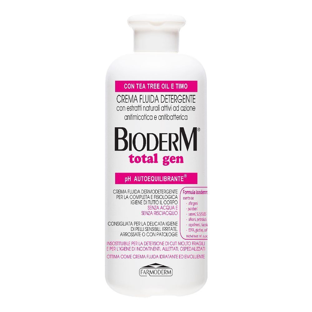 Flacone bianco con tappo bianco. Scritta: Bioderm total gen. Testo in italiano.