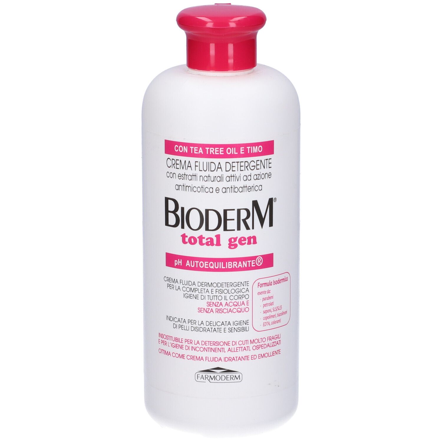 Flacone bianco con tappo rosa. Scritta: Bioderm total gen. Testo in italiano.