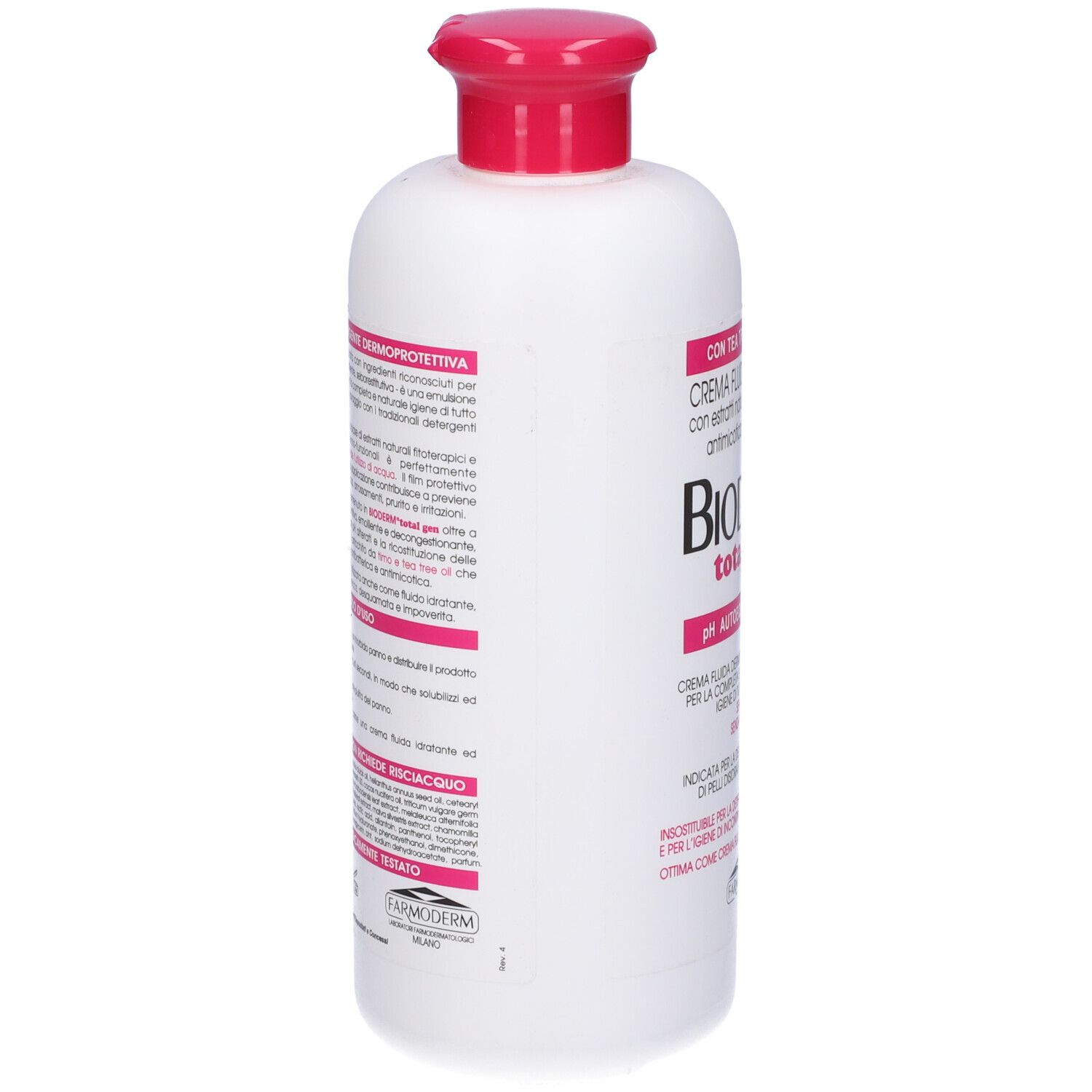 Retro di un flacone bianco con tappo rosa. Testo in italiano.