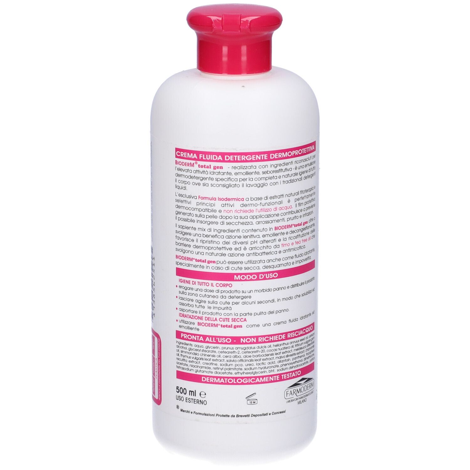 Retro di un flacone bianco con tappo rosa. Testo in italiano.