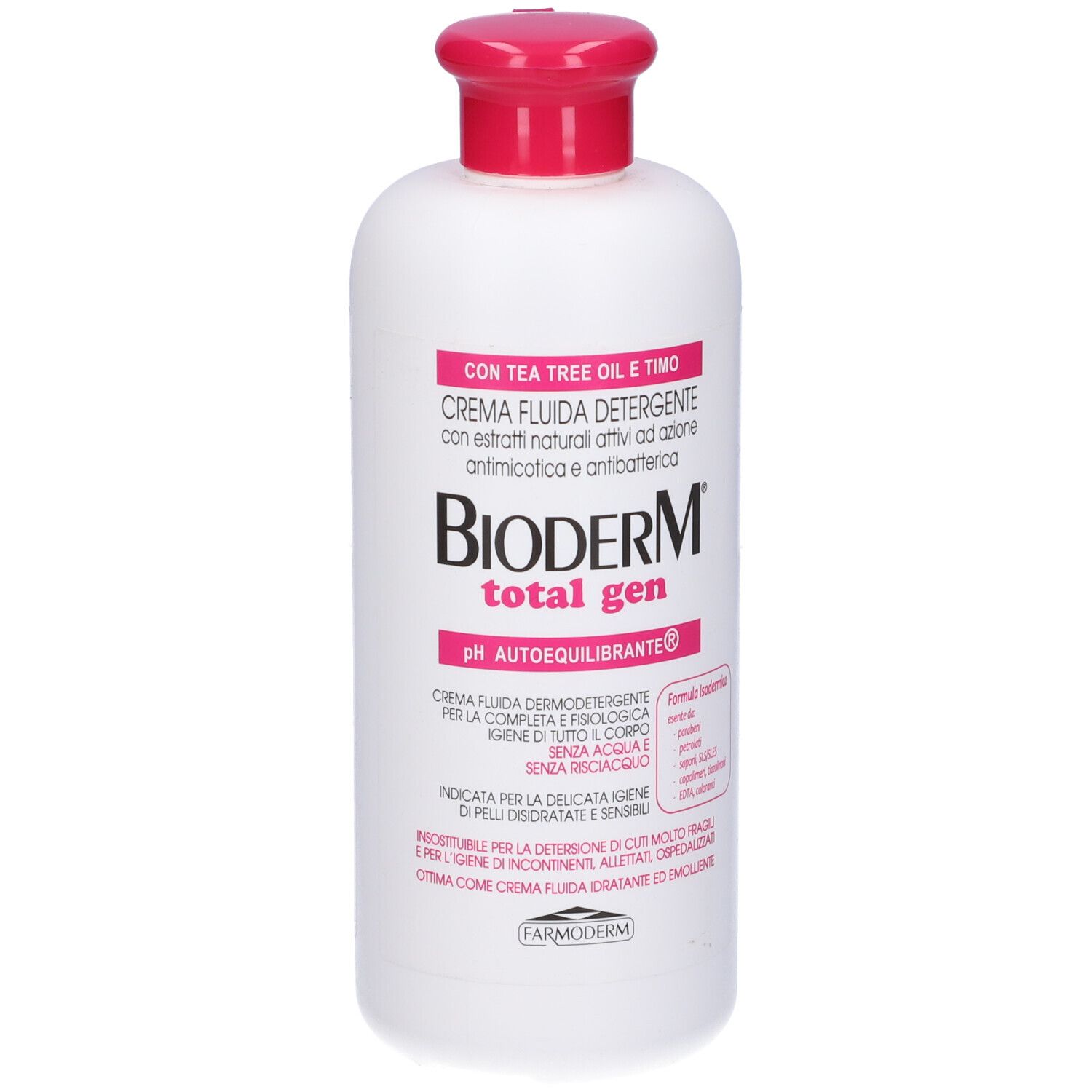 Flacone bianco con tappo rosa. Scritta: Bioderm total gen. Testo in italiano.
