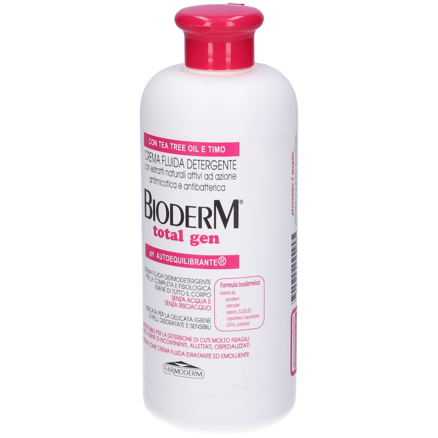 Flacone bianco con tappo rosa. Scritta: Bioderm total gen. Testo in italiano.
